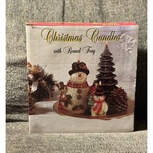Vintage Christmas Candle Brite Snowman Centerpiece Set Wrapped Open Box Holiday